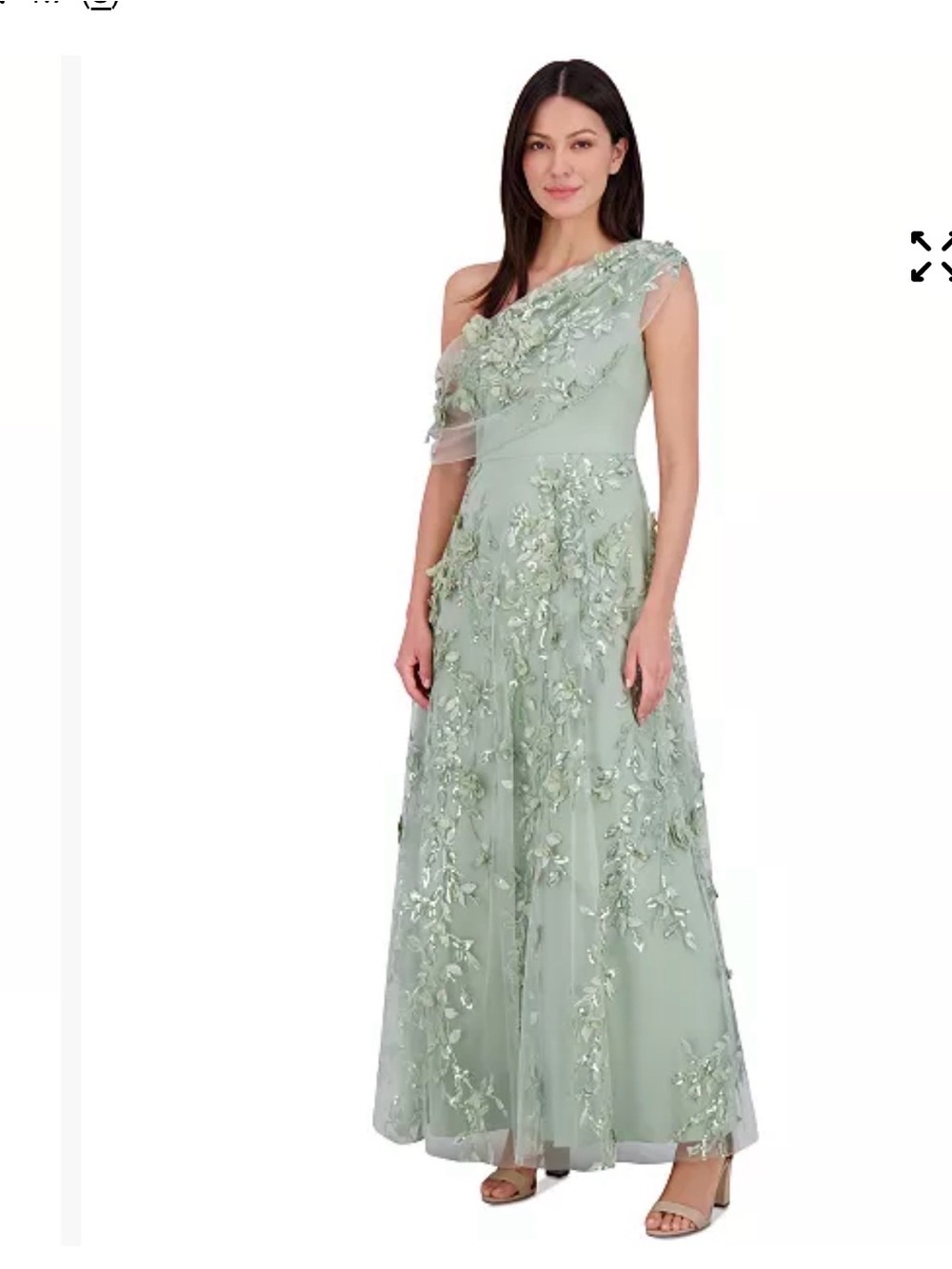 Eliza J Sz 12 One-Shoulder Sage Green Floral Appliqué Gown Sequins Embroidered